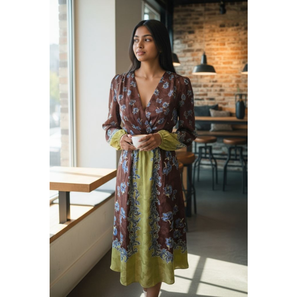 Current Air Long Sleeve Floral Dress in Brown and Green Size S